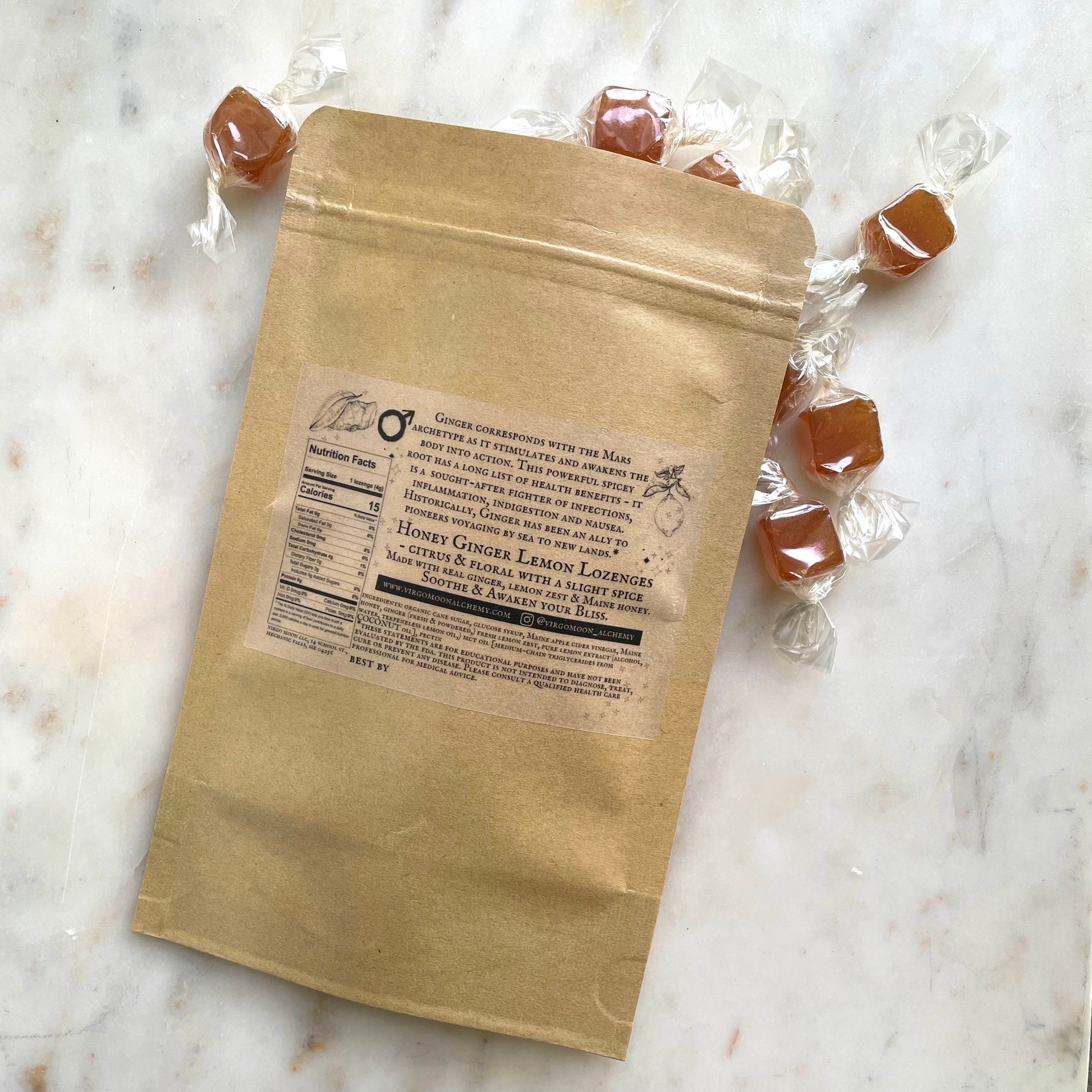 Honey, Ginger &  Lemon Lozenges are formulated with freshly grated organic lemon zest &  ginger! Made with local Maine honey & apple cider vinegar. 

This powerful spicy root has a long list of health benefits - it is a sought-after fighter of infections, inflammation, indigestion and nausea.