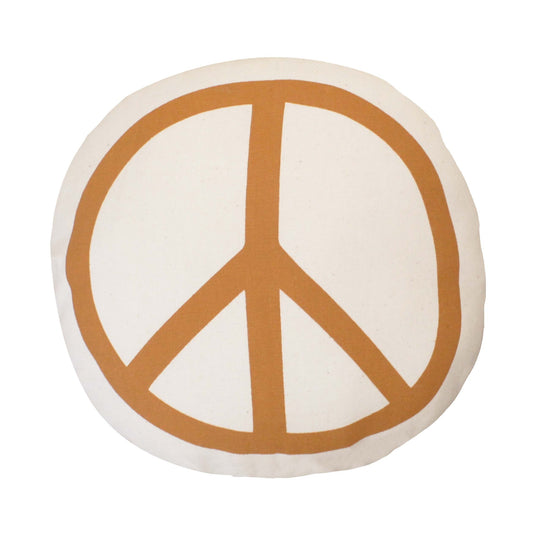 Peace sign canvas pillow, Sewn and screen printed by hand on natural canvas by local artisans.