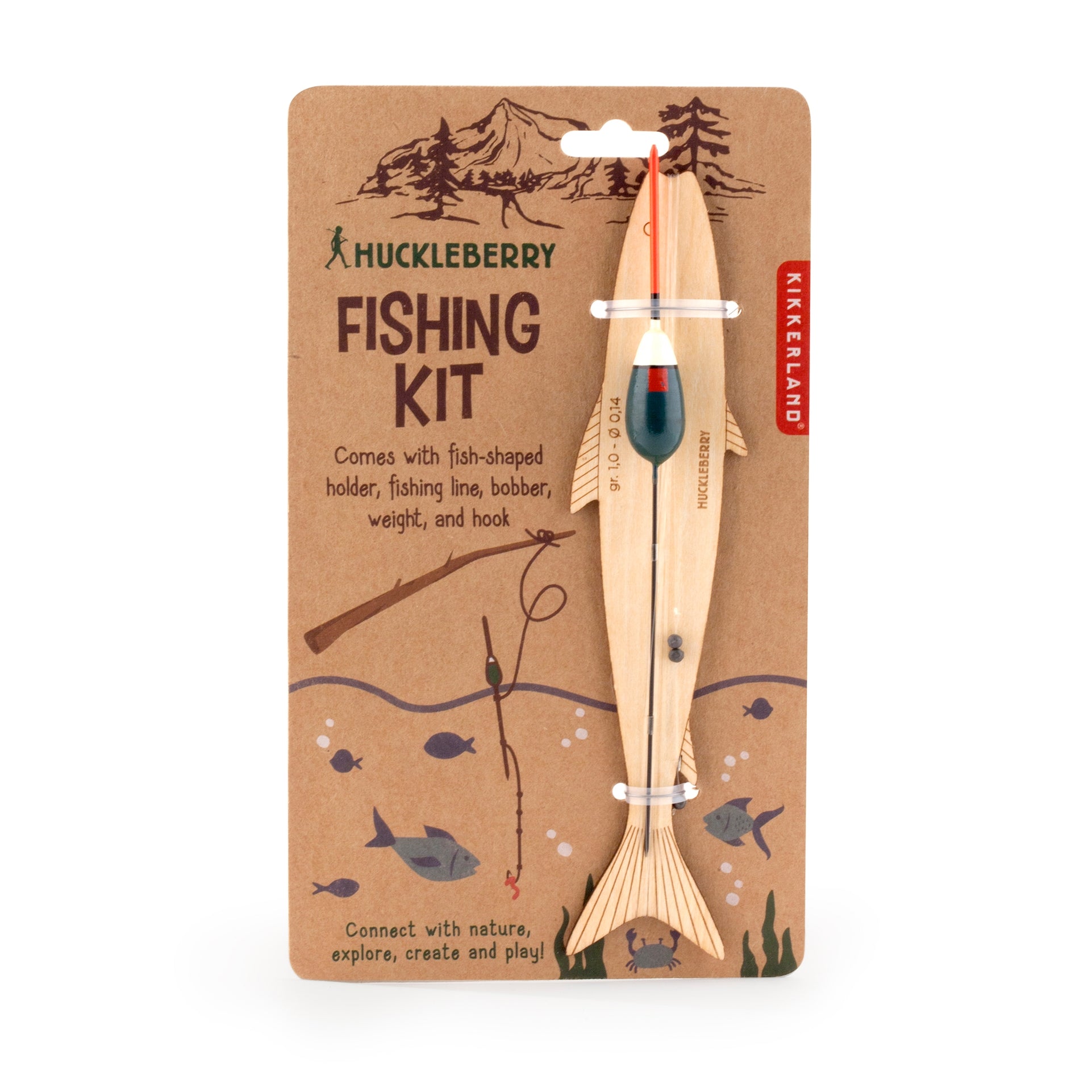 Unwind the casting line, find a stick and tie the fishing line to it. Put a worm or other bait on the hook. The fish-shaped holder is equipped with fishing line 250", floater 1 g / 0.04 oz, weight and hook.