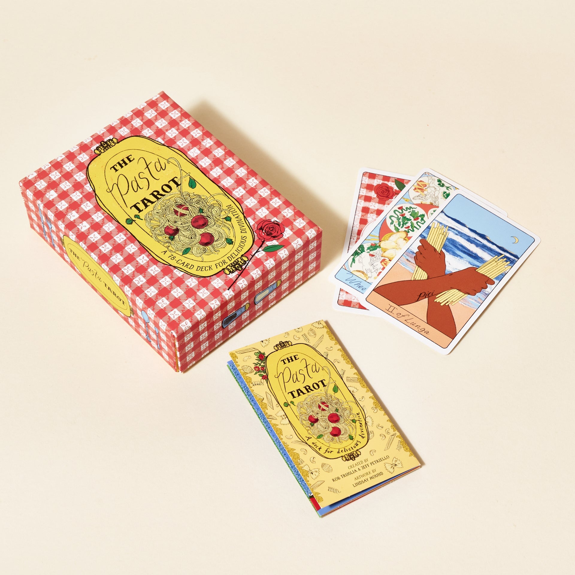 The Pasta Tarot is a deck for readers of all experience levels, and even for folks who simply love a steamy baked ziti. Rooted in the authors' queer Italian American identities, this 78-card deck and accompanying pamphlet offer readers a contemporary, playful take on tarot.