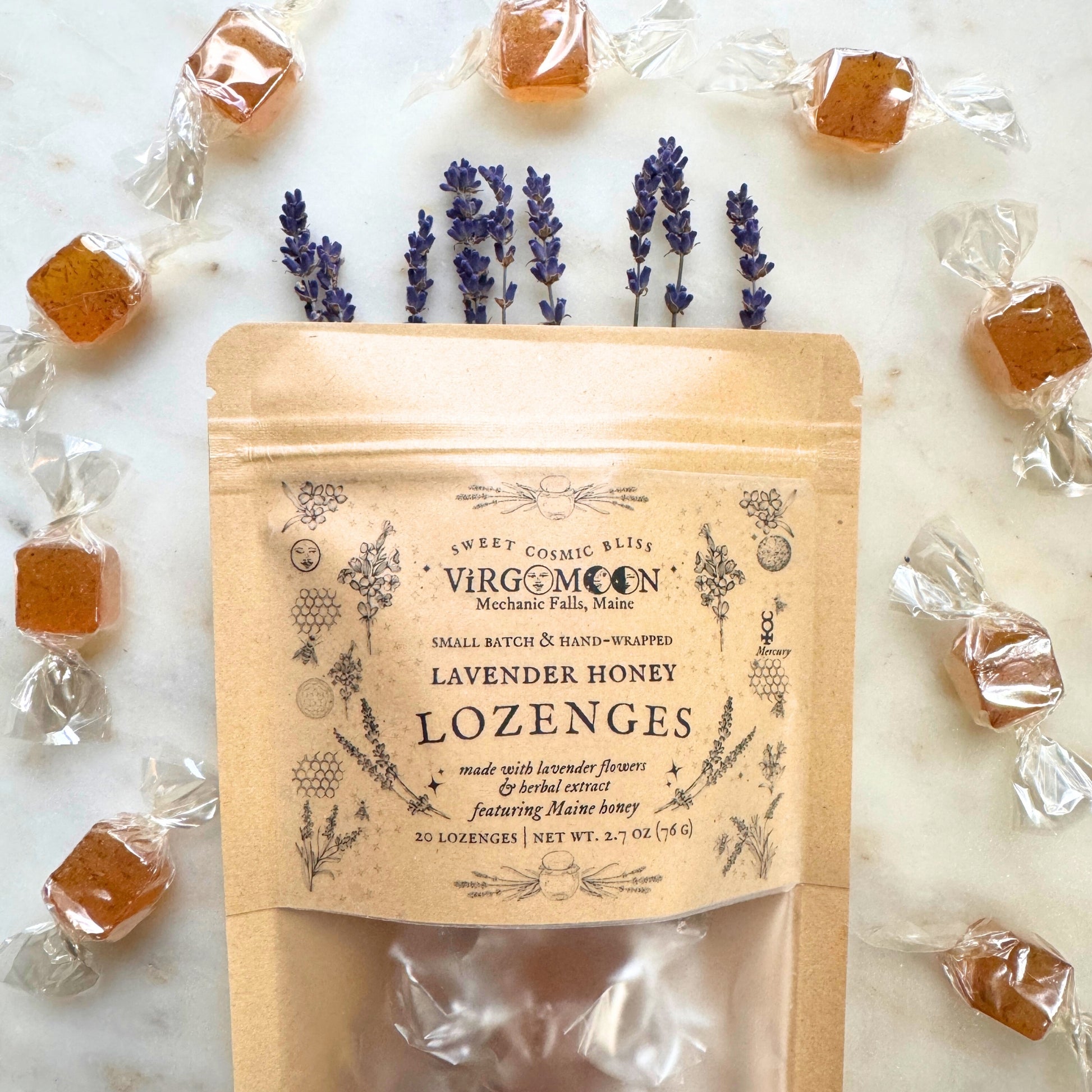 Lavender Honey Lozenges are formulated with lavender herbal extract and dried Maine grown lavender flowers! Made with local Maine honey.