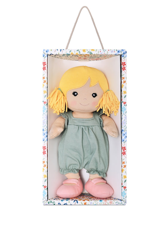 Embroidered doll with 100% naturally hypoallergenic corn fiber filler and OEKO-TEX 100 certified low impact fabric dye.