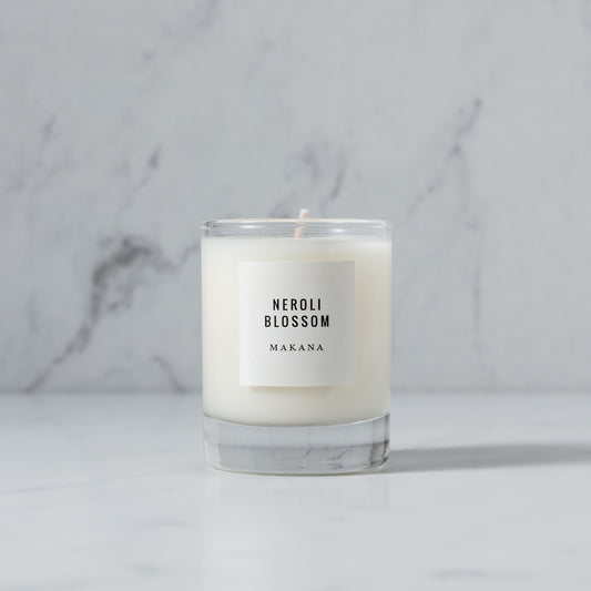 makana neroli blossom candle - A beautiful citrus floral fragrance of orange blossom, clementine and neroli reminiscent of a bright spring day among the orange groves. Hand-poured in-house in small batches using simple, clean ingredients. 3 oz.