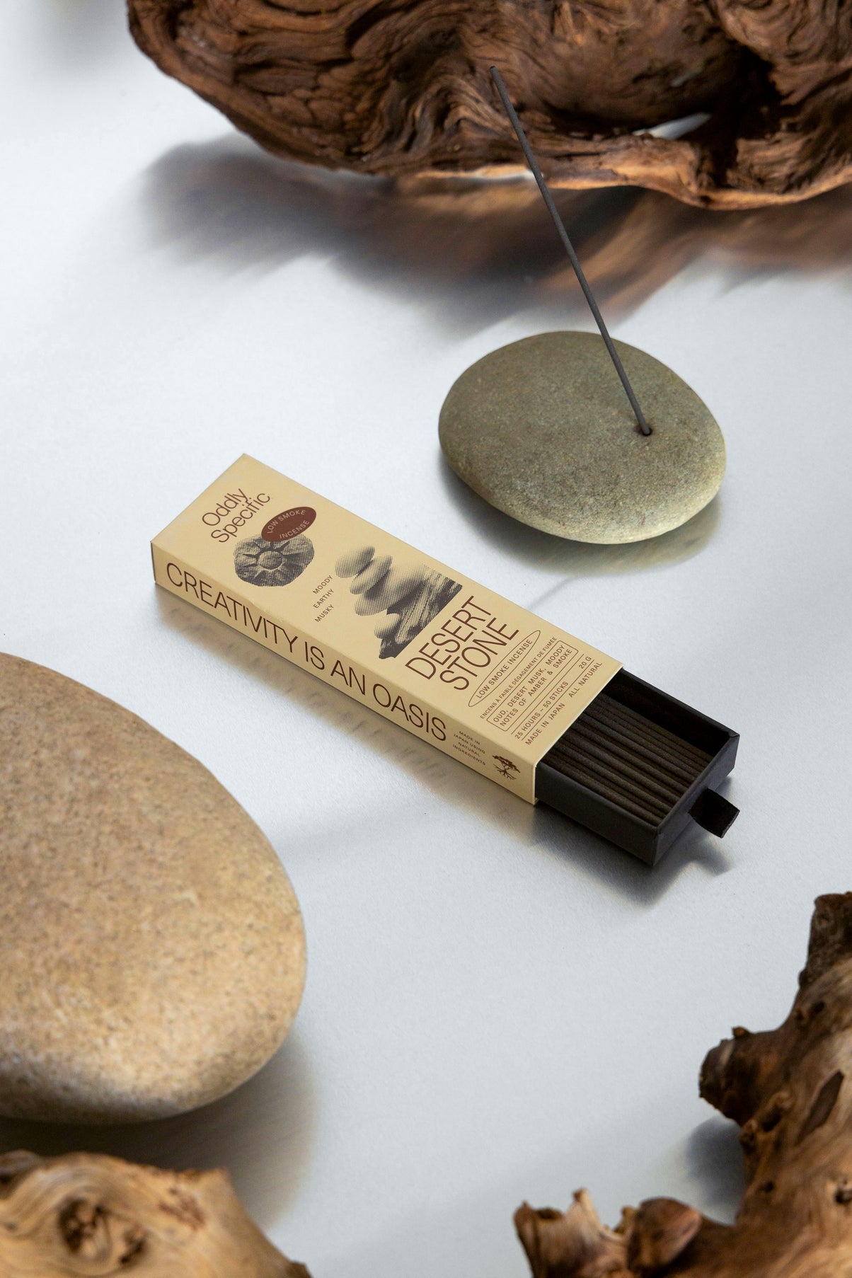 A moment for mystery. Awaken your senses with the captivating essence of oud, resinous wood, warm desert musk, and amber smoke. The oasis is within.  Made in Japan using natural ingredients, low smoke incense creates a unique and comforting experience. Contains 50 sticks.