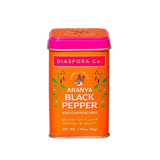 Diaspora Co Aranya Black Pepper - This black pepper is described like a beautiful red wine - it's complex, layered, and deserves to be savored. It truly makes every meal feel like a special occasion. Whole peppercorns with tasting notes of fig, citrus, jam, and nutmeg.