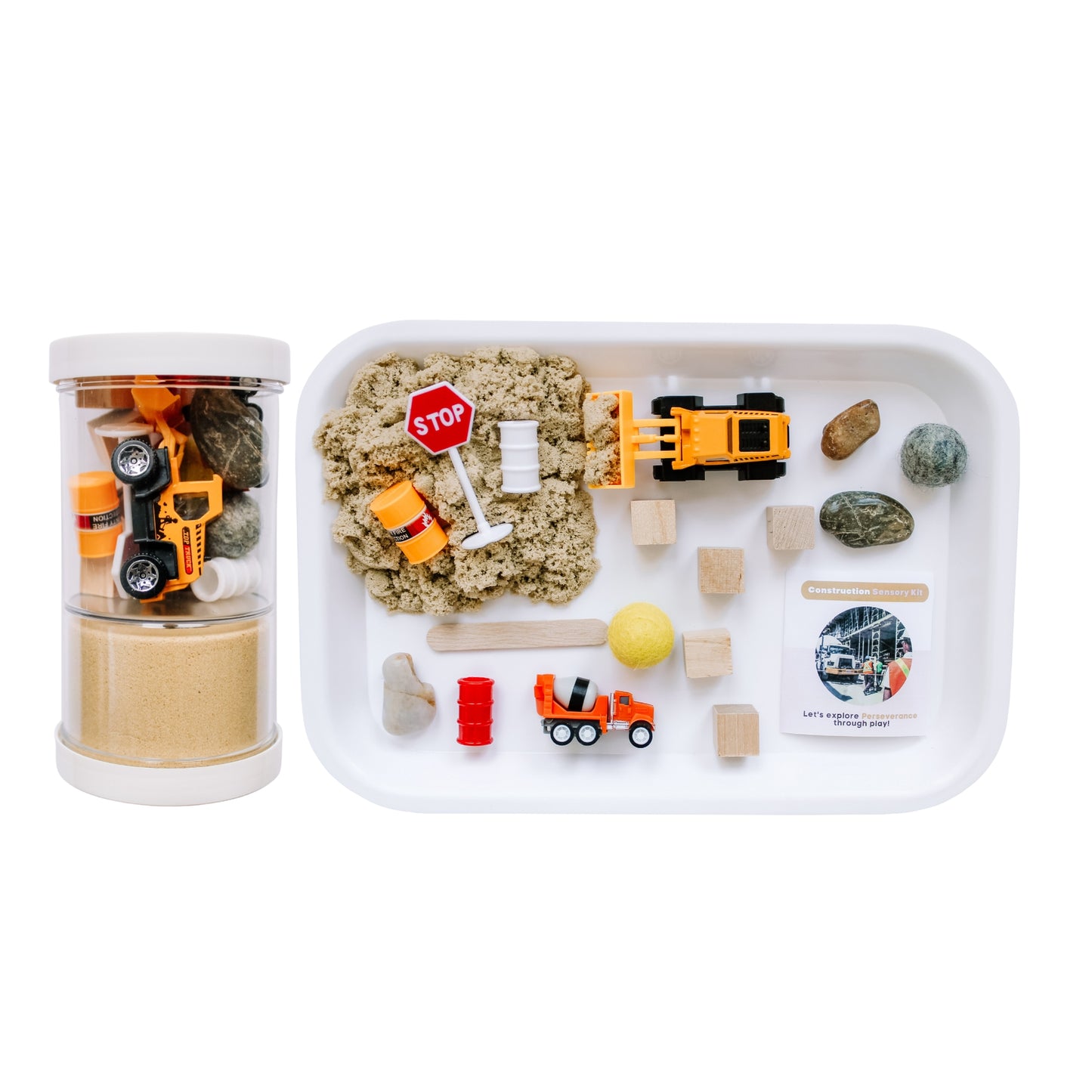 Dig, build, load, and explore with this Construction themed Kit. Little hands will love the opportunities for open-ended play as we explore the emotional skill of Perseverance through play. Includes 6 oz of hypoallergenic moldable sensory sand, mini wooden stick for scooping, and small parts for play.