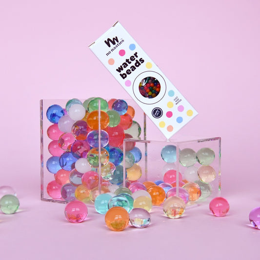 No Nasties water beads are non-toxic, easy to use and encourage children to learn through sensory play, using hand-eye coordination. They're teeny tiny little beads, about the size of a poppy seed before they are soaked in water after which they grow approximately 150x their original size.