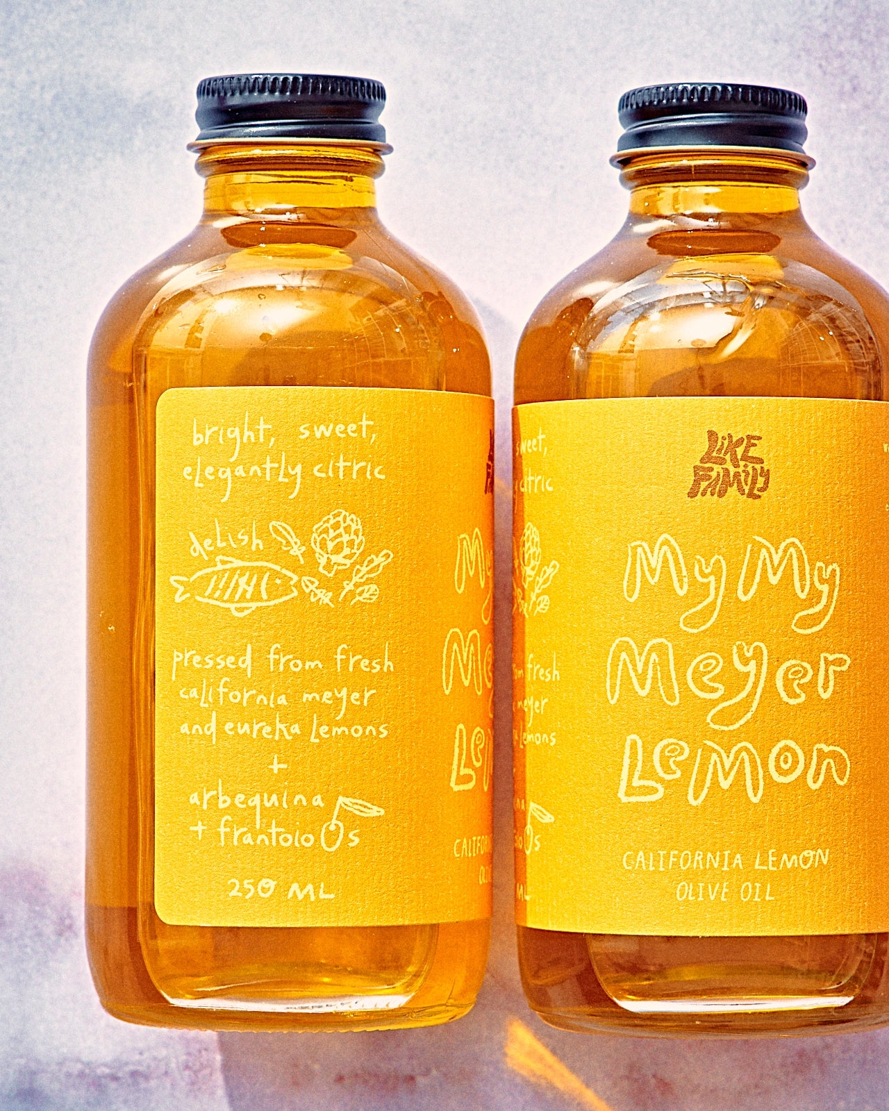 Bright, sweet, and elegantly citric — My My Meyer Lemon Oil is cold pressed from California Arbequina olives and fresh, whole Carmel Valley Meyer lemons.