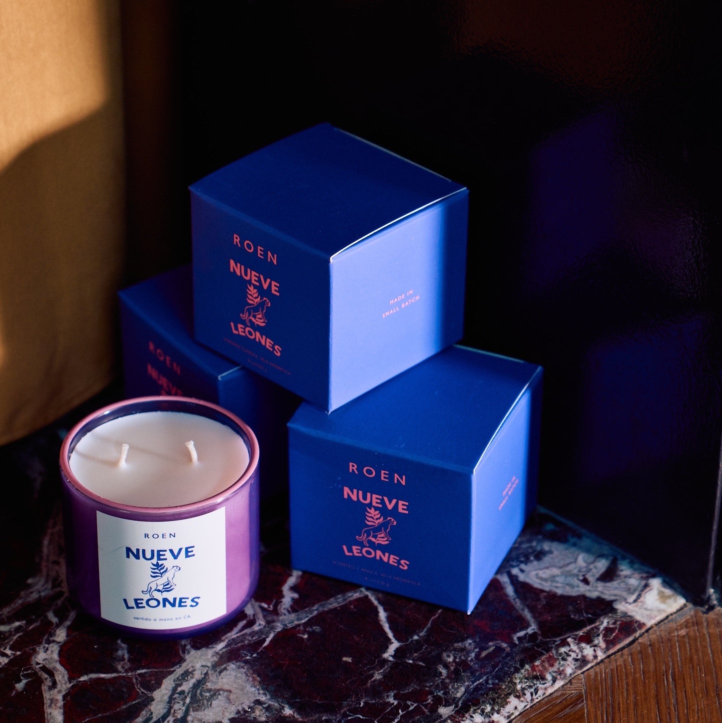 Scent notes of tanned leather, santal, hinoki woods, copal, horchata. Roen candles are hand poured in their Southern California studio using a coconut + soy wax blend for a natural, clean burn.