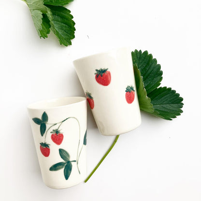 Slip casted ceramic cups in dover white (off white) and hand painted with strawberries. Handmade by Alicja in her Vermont studio.