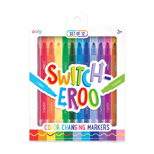 Switch-eroo Color Changing Markers are a set of 12 chiseled tip color markers. Add an extra artsy layer with these mystery color changing tools.