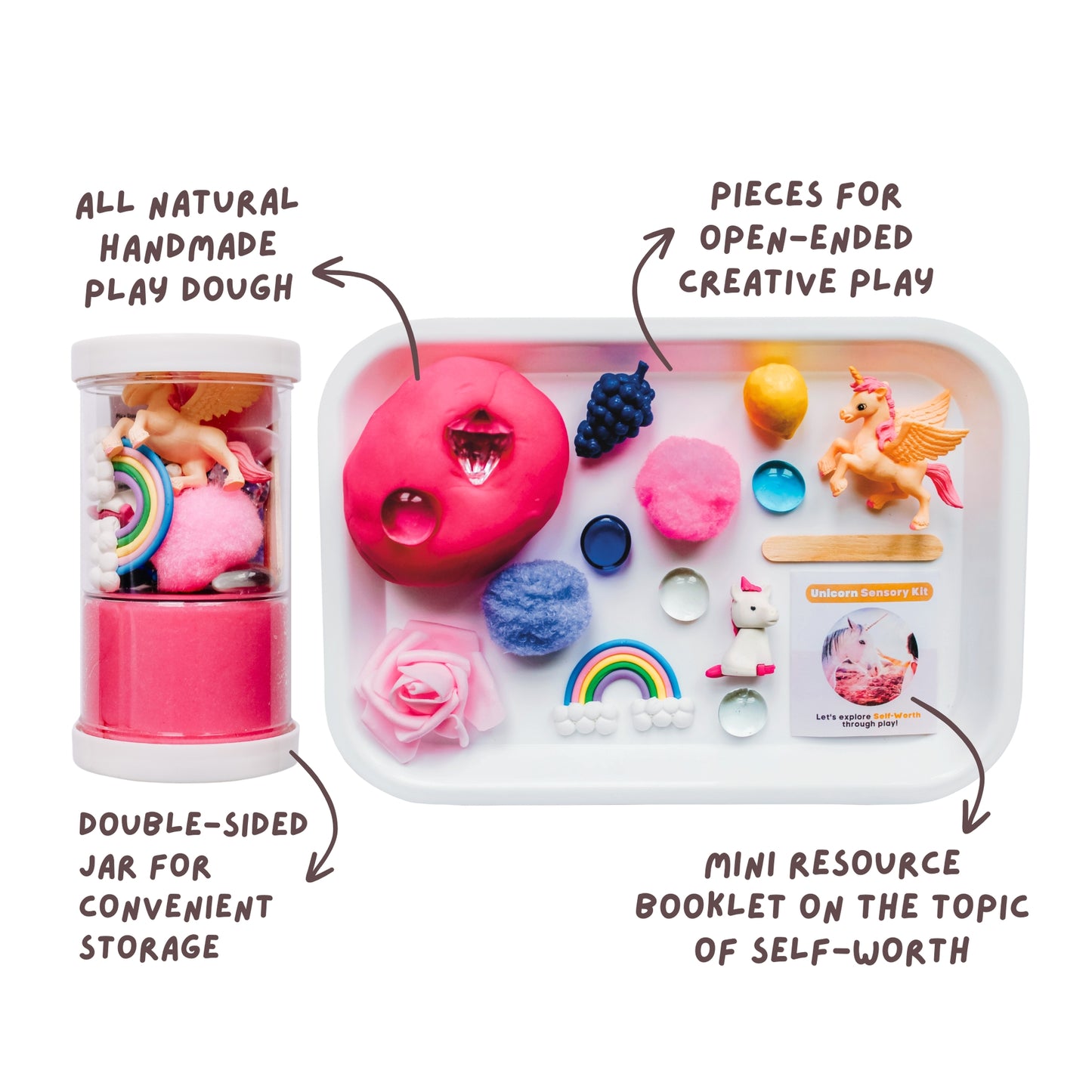 If rainbows and unicorns and bright tie-dye are your child's thing, then you'll love this Unicorn themed Kit that explores Self-Worth and embracing what makes us as unique as unicorns through hands-on play! Includes 6 oz of handmade non-toxic play dough with all natural ingredients, mini wooden stick for scooping, and small parts for play.