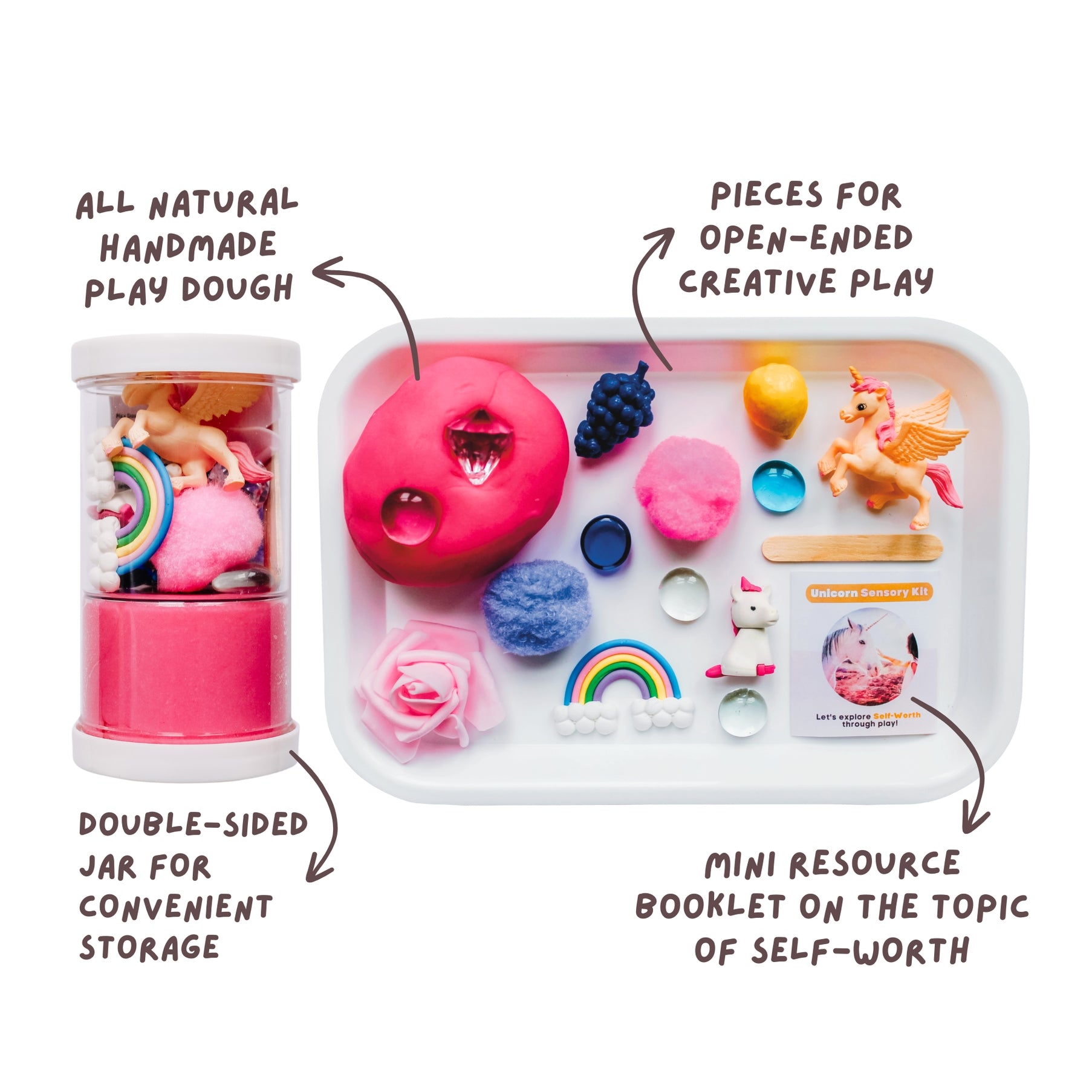 If rainbows and unicorns and bright tie-dye are your child's thing, then you'll love this Unicorn themed Kit that explores Self-Worth and embracing what makes us as unique as unicorns through hands-on play! Includes 6 oz of handmade non-toxic play dough with all natural ingredients, mini wooden stick for scooping, and small parts for play.