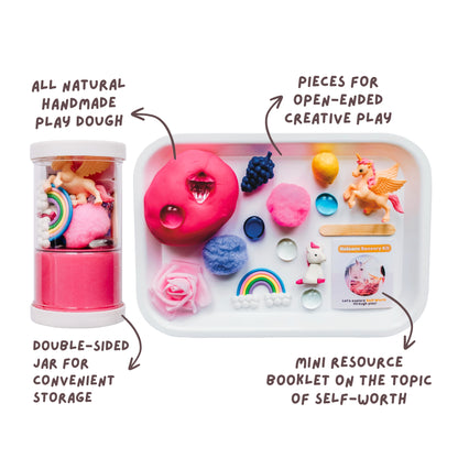 If rainbows and unicorns and bright tie-dye are your child's thing, then you'll love this Unicorn themed Kit that explores Self-Worth and embracing what makes us as unique as unicorns through hands-on play! Includes 6 oz of handmade non-toxic play dough with all natural ingredients, mini wooden stick for scooping, and small parts for play.