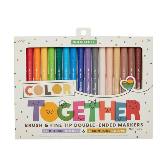 OOLY Color Together Markers are double ended and feature 12 rainbow colors and 6 skin tone colors