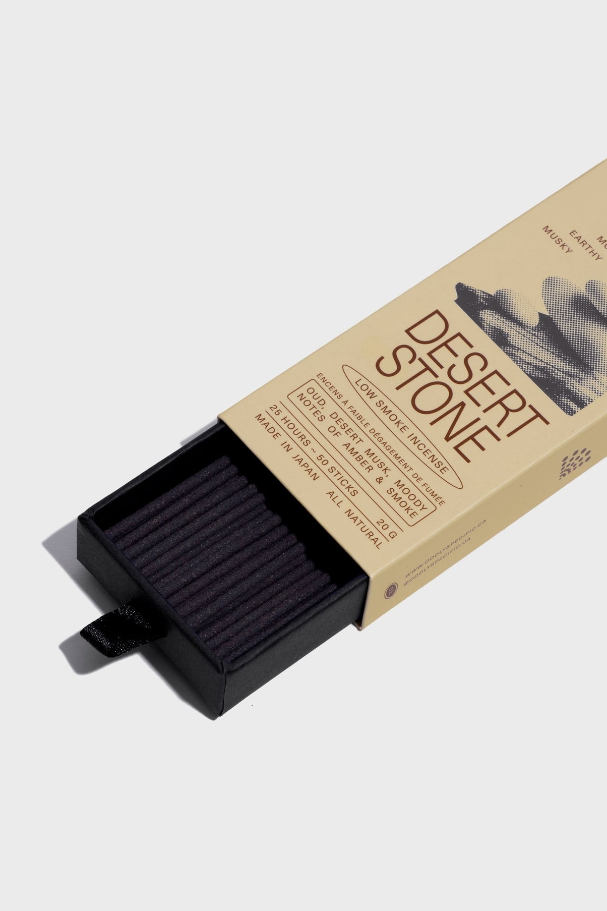 A moment for mystery. Awaken your senses with the captivating essence of oud, resinous wood, warm desert musk, and amber smoke. The oasis is within.  Made in Japan using natural ingredients, low smoke incense creates a unique and comforting experience. Contains 50 sticks.