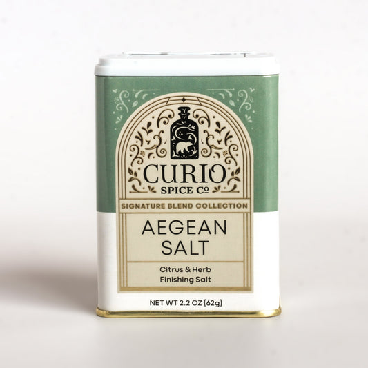 aegean finishing salt / This blend combines delicate, crunchy Cypriot salt with the piney scent of mastiha resin, thyme and lemon peel. Perfect for adding to a bread crumb topping for fish, or for roasted vegetables, dips, dressings or even a bloody Mary.
