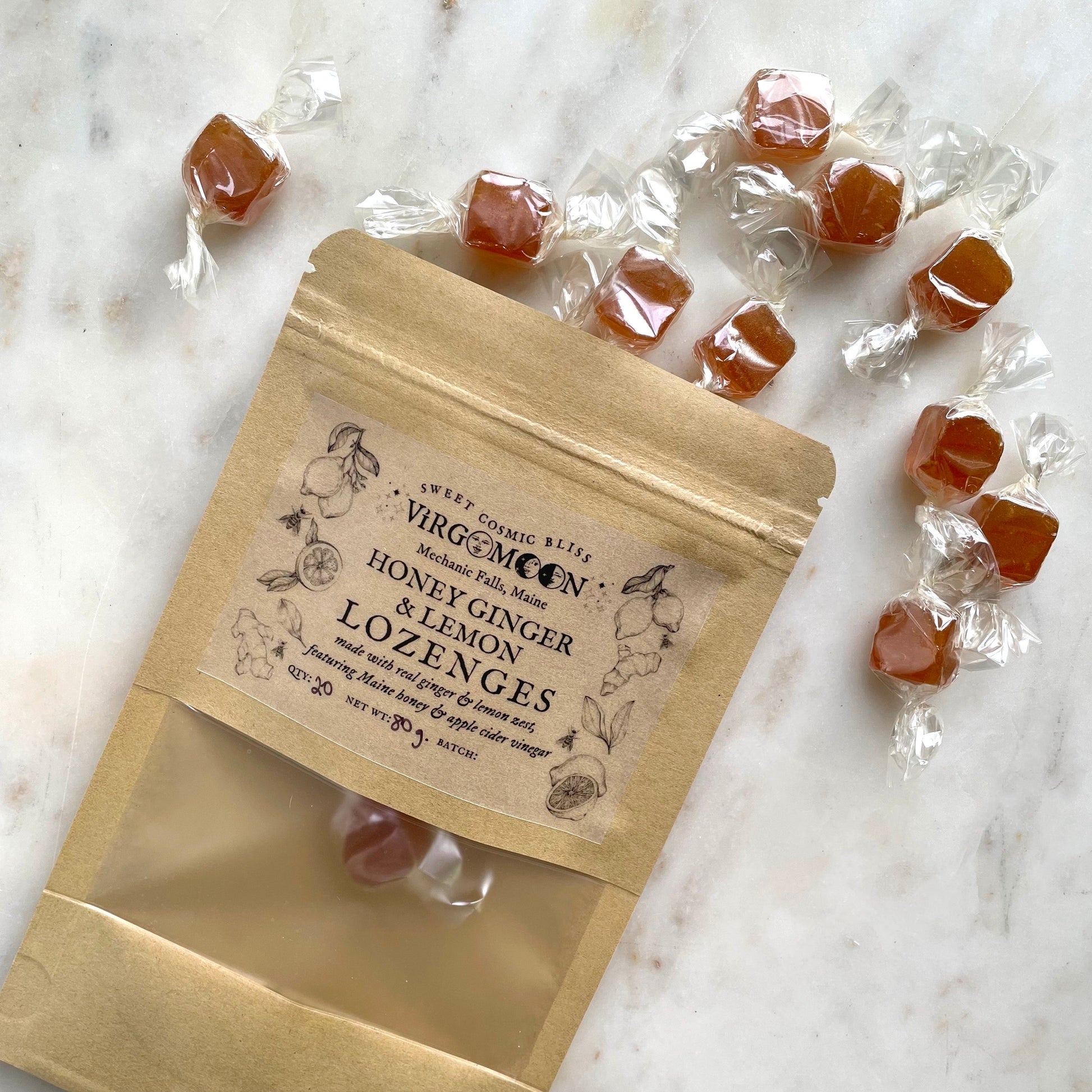 Honey, Ginger &  Lemon Lozenges are formulated with freshly grated organic lemon zest &  ginger! Made with local Maine honey & apple cider vinegar. 

This powerful spicy root has a long list of health benefits - it is a sought-after fighter of infections, inflammation, indigestion and nausea.