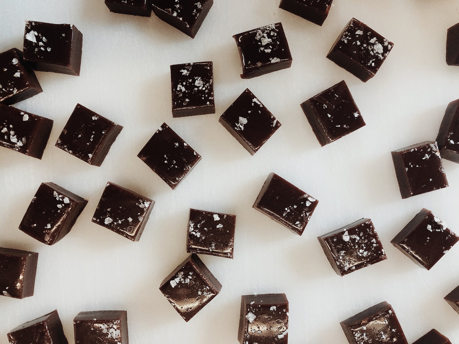 Each bag contains 12 pieces of Dark Chocolate Sea Salt Caramels. Gluten Free. Sustainably sourced.