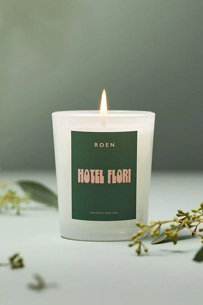 Scent notes of watermint, bright verbana, italian cypress, sumac leaves, coriander seed. Roen candles are hand poured in their Southern California studio using a coconut + soy wax blend for a natural, clean burn.