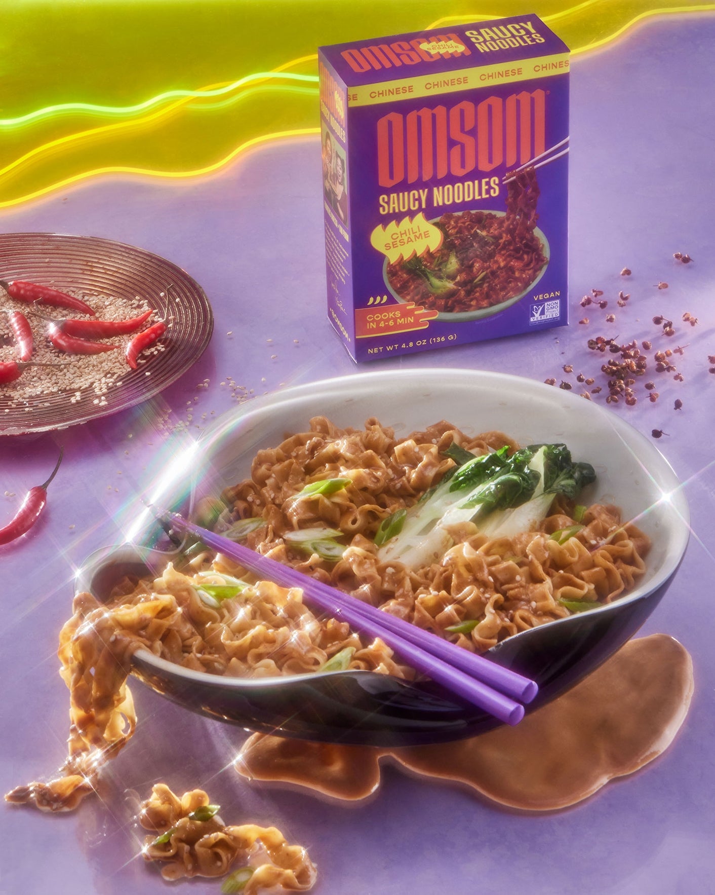 Sink into a bowl of these tangy, nutty noodles — this dish features a kiss of heat that’ll have you rowdy with joy! This aromatic, heat-forward noodle dish takes inspiration from dan dan noodles - the Sichuan classic known for its tingle. Crafted in collaboration with LUCAS SIN CHEF. Non GMO certified, vegan.