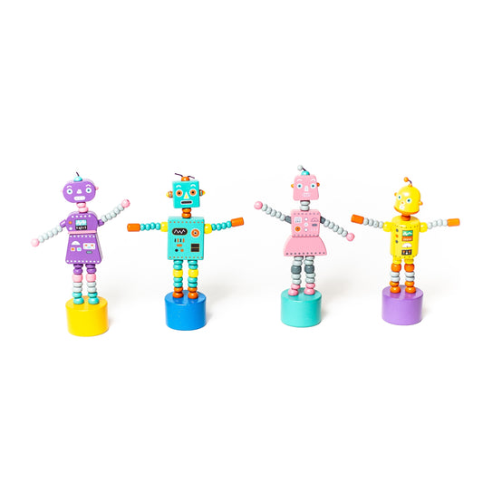 Take me to your leader! Classic retro robot push puppets are full of fun. Push the bottom button and watch them collapse - then let go and they pop back up - ready for more action!