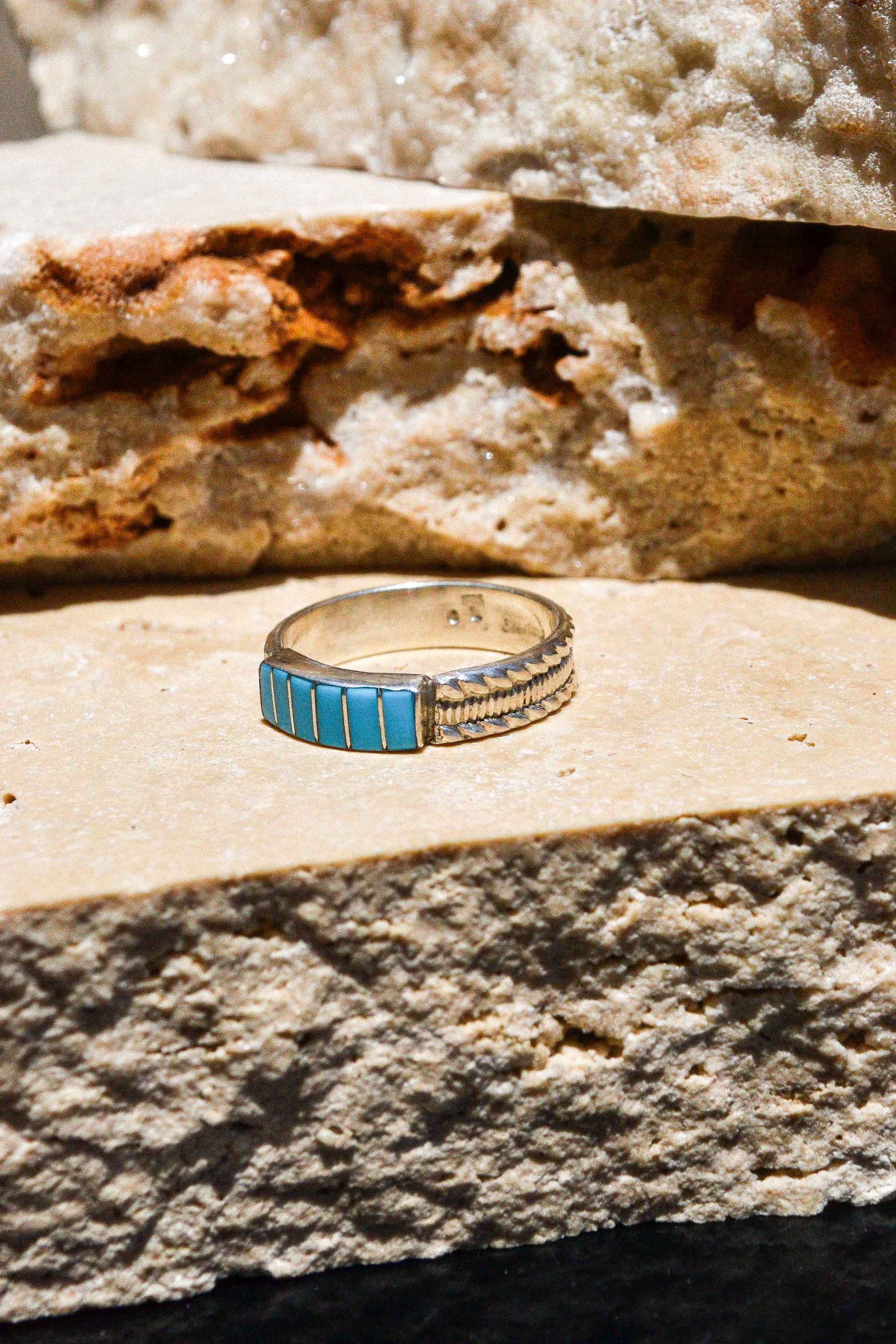 Silver and turquoise band ring made by hand on the Navajo Reservation