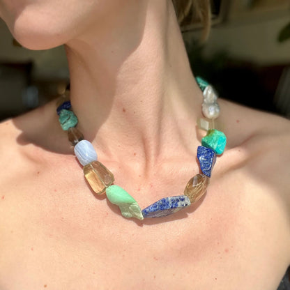 Aphrodite - water goddess born from the ocean, a symbol of passion, beauty &amp; pleasure. From of the Dug from the Earth Collection ~ chunky statement necklaces featuring semi precious stones intentionally paired to supercharge your aura. Designed in California by Carrie Marill and made by hand in her SoCal studio.