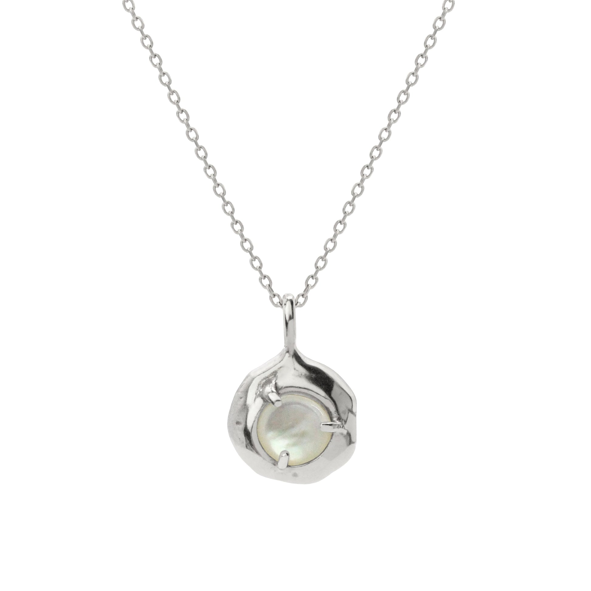 Nestled delicately within the organically shaped three-pronged Keeper pendant, the Mother of Pearl radiates its tranquil aura. Handmade in Northern California by Amanda Hunt.