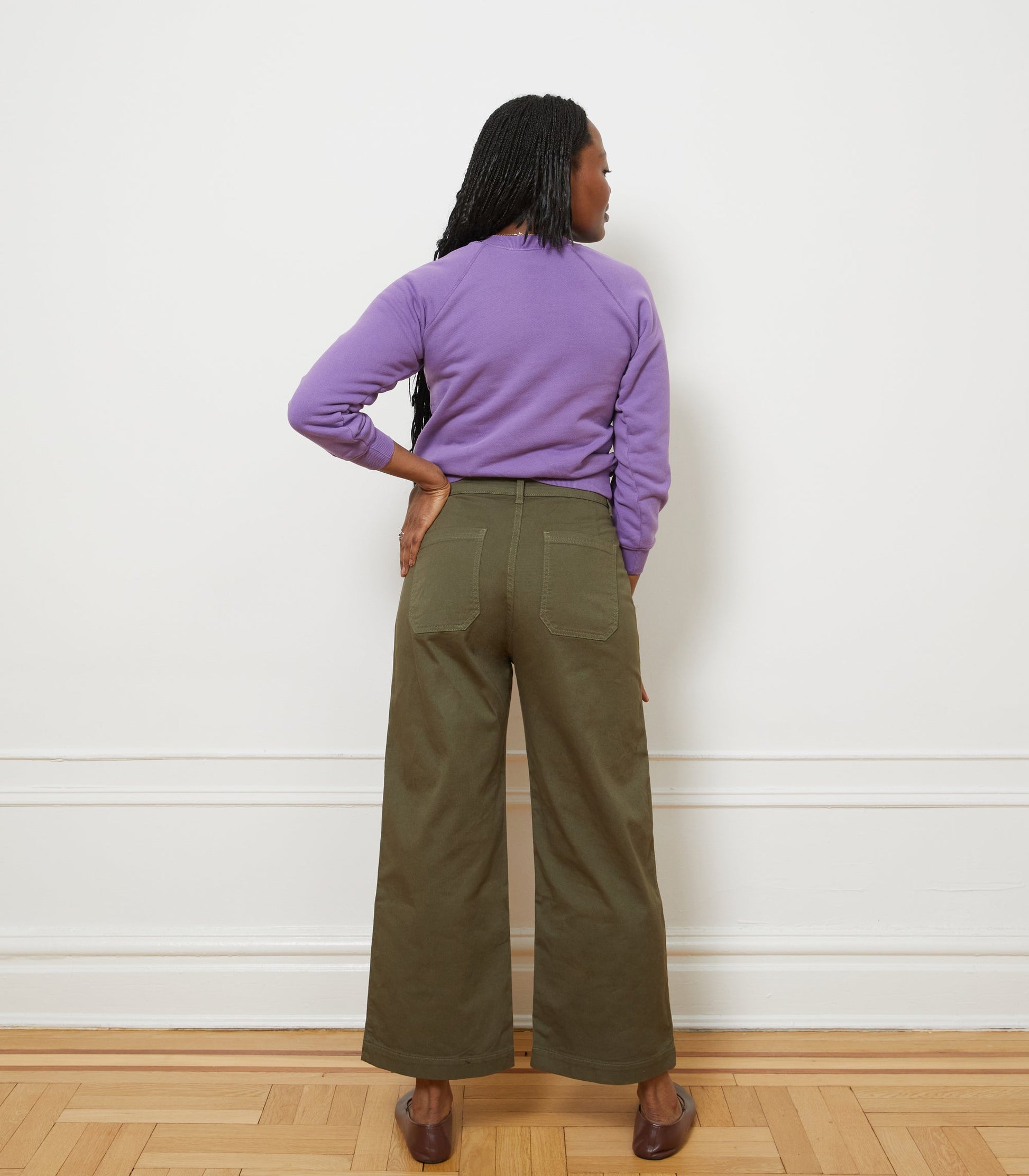 Loup SIMONE WIDE CROP PANTS - DARK OLIVE - The Simone Pants are Loup's classic best-selling "perfect butt" high waisted pant. Made from stretchy twill and featuring 1970's inspired front and back pockets, hidden button fly and wide cropped length, these are sure to be your new favorites! Made in New York City.