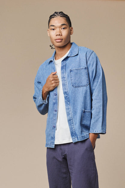 jungmaven hemp and organic cotton denim olympic jacket in light stonewash