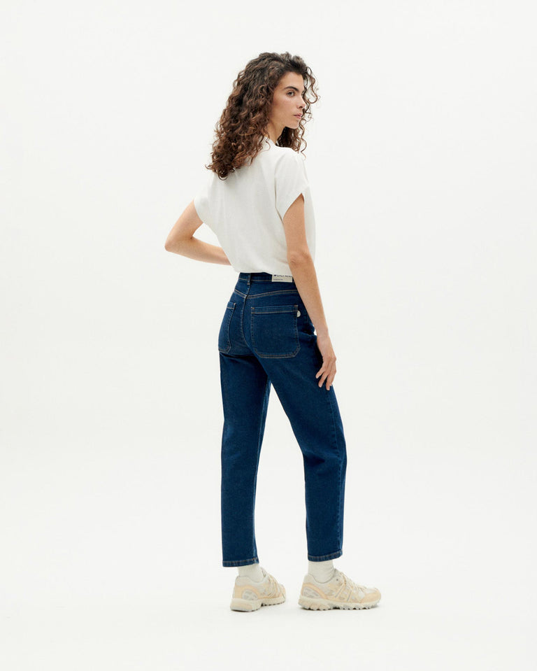 Thinking Mu Nele Clean Denim Jeans / A classic, high waisted pant with straight cut cropped leg. Made with 99% organic cotton 1% elastane. Sustainably made in China.