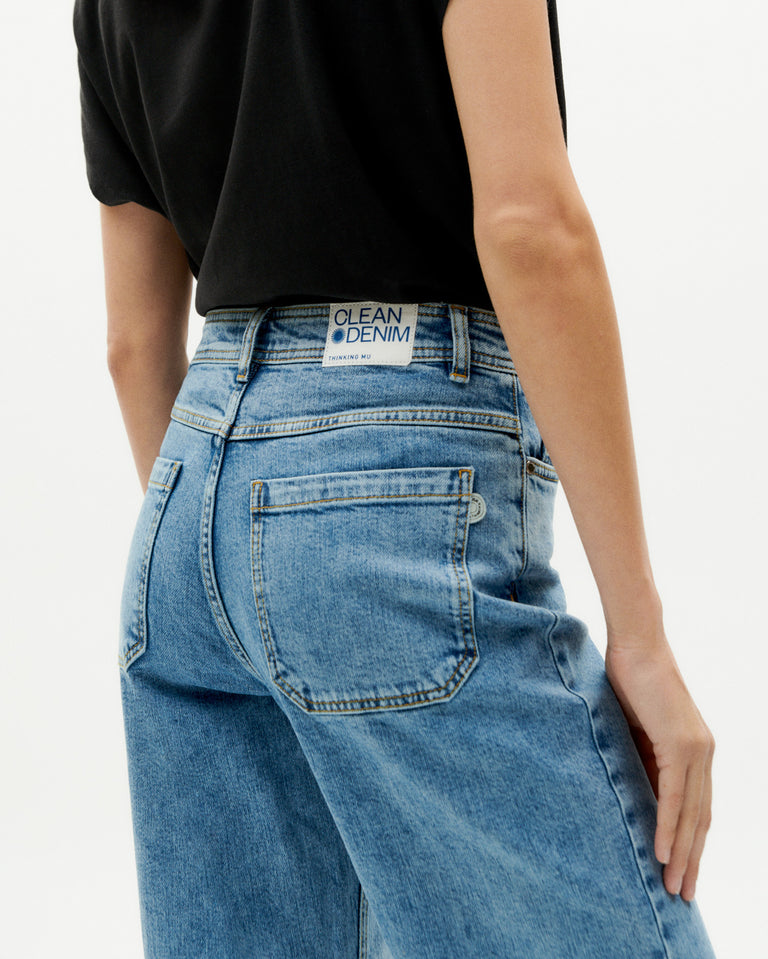 Thinking Mu Light Clean Denim Theresa Pants / A classic, high waisted pant with straight cut leg.  99% organic cotton 1% elastane - Sustainably made in China.