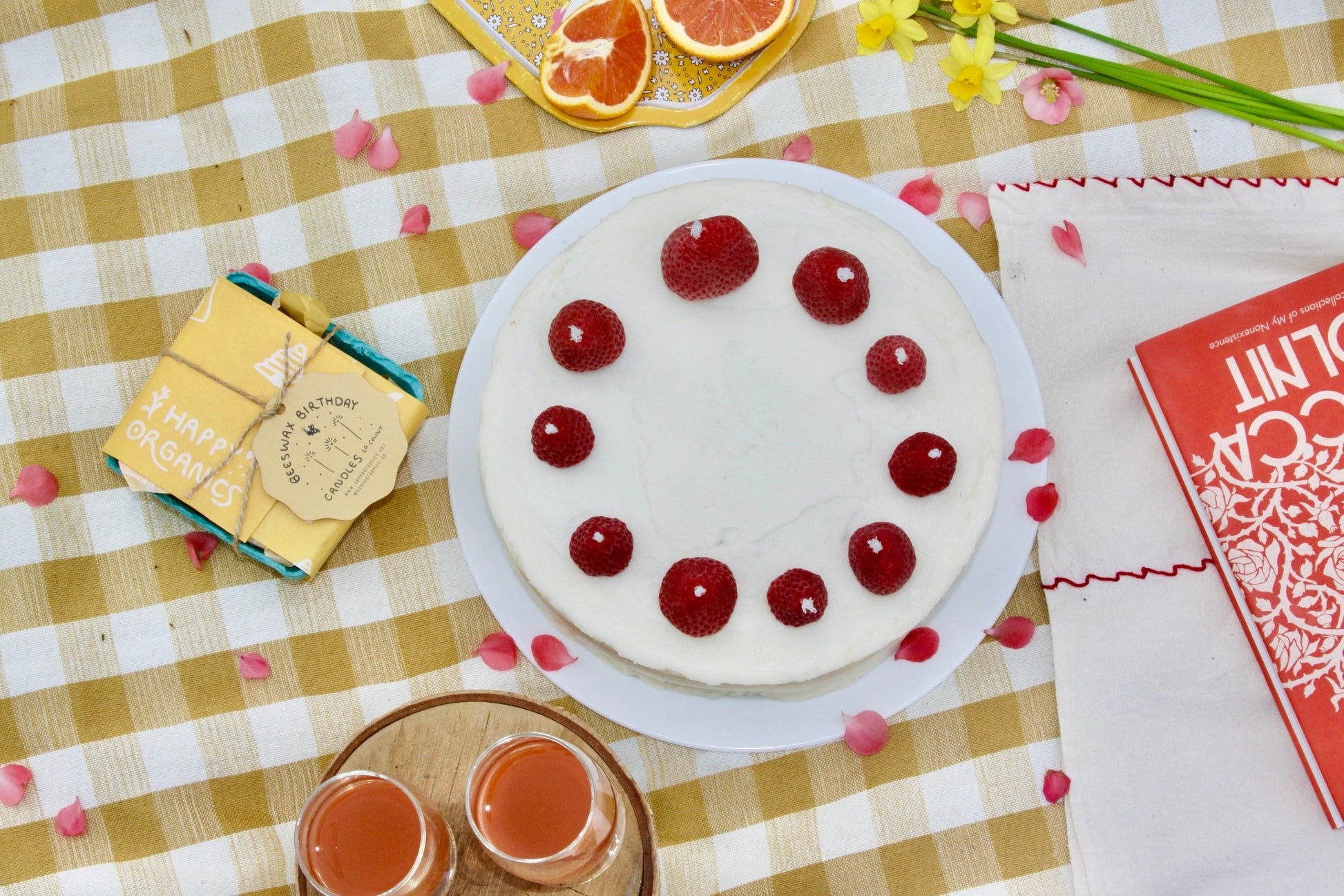 Strawberry birthday candles by Happy Organics. 100% beeswax, 5 strawberries per box.