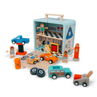 Suitcase Series encourages portable play. Each suitcase opens up on both sides to reveal a world of fun.

The 16-piece Auto Repair Shop has everything you need for hours of fun, including cars, lift, retro gas pump, customers, mechanics, and more!