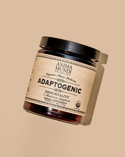 adaptogenic powder / This is one of Anima Mundi's most beloved formulations, combining organic and locally grown Mushroom extract powders with our organic heirloom Cacao. A perfect addition to coffee, tea, smoothies, and more, it contains 25% of the highest grade Cacao, with bioactive cell wall extracted Mushrooms.