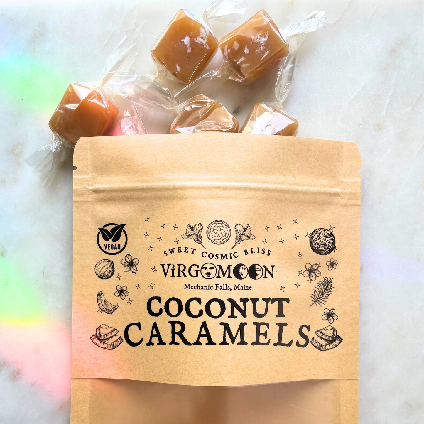 Irresistibly smooth, deliciously exotic dairy-free!

Made with organic & plant-based ingredients, each caramel is topped with organic coconut flakes and Maine sea salt.