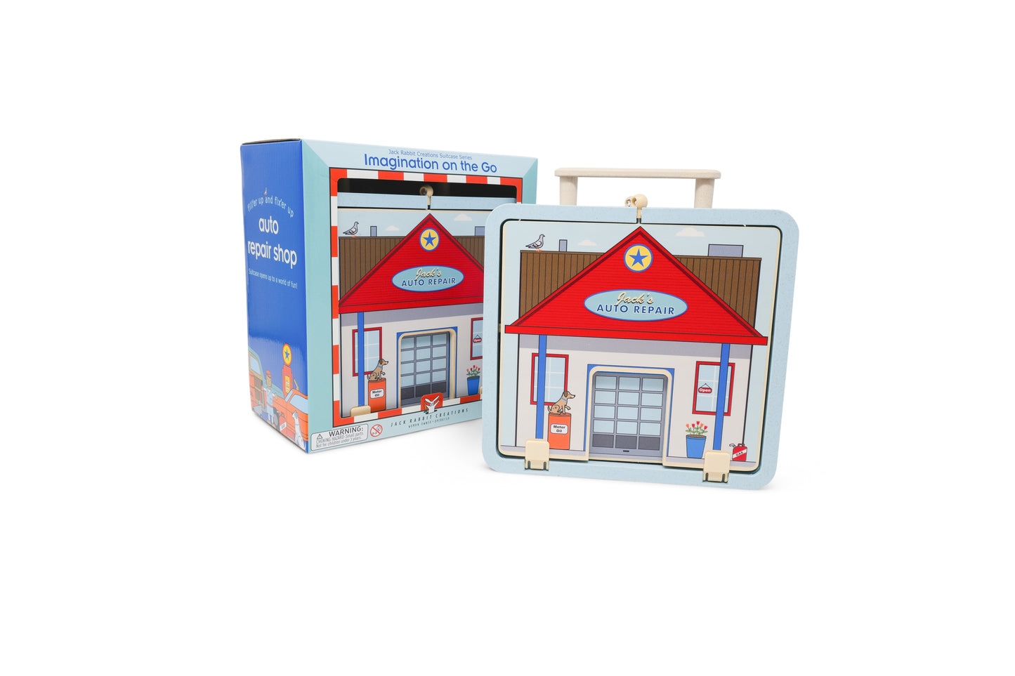 Suitcase Series encourages portable play. Each suitcase opens up on both sides to reveal a world of fun.

The 16-piece Auto Repair Shop has everything you need for hours of fun, including cars, lift, retro gas pump, customers, mechanics, and more!