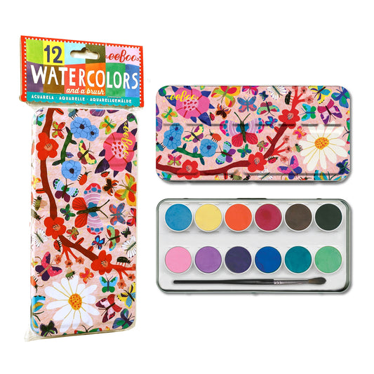 High-quality watercolors paints and a brush in a beautiful tin box featuring bright and colorful butterfly artwork. Pairs well with matching Butterfly Watercolor Pad!