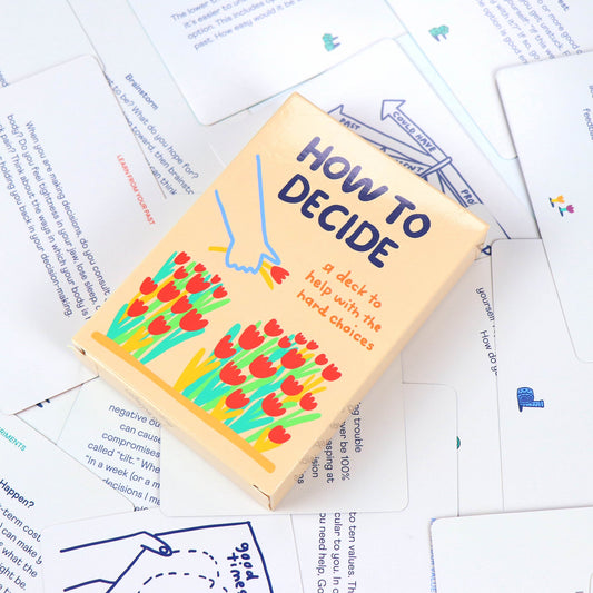 The How To Decide deck offers different frameworks for thinking about the situation you are in and picking a route forward. When you feel stuck, choose an exercise or thought-experiment and see what comes up.