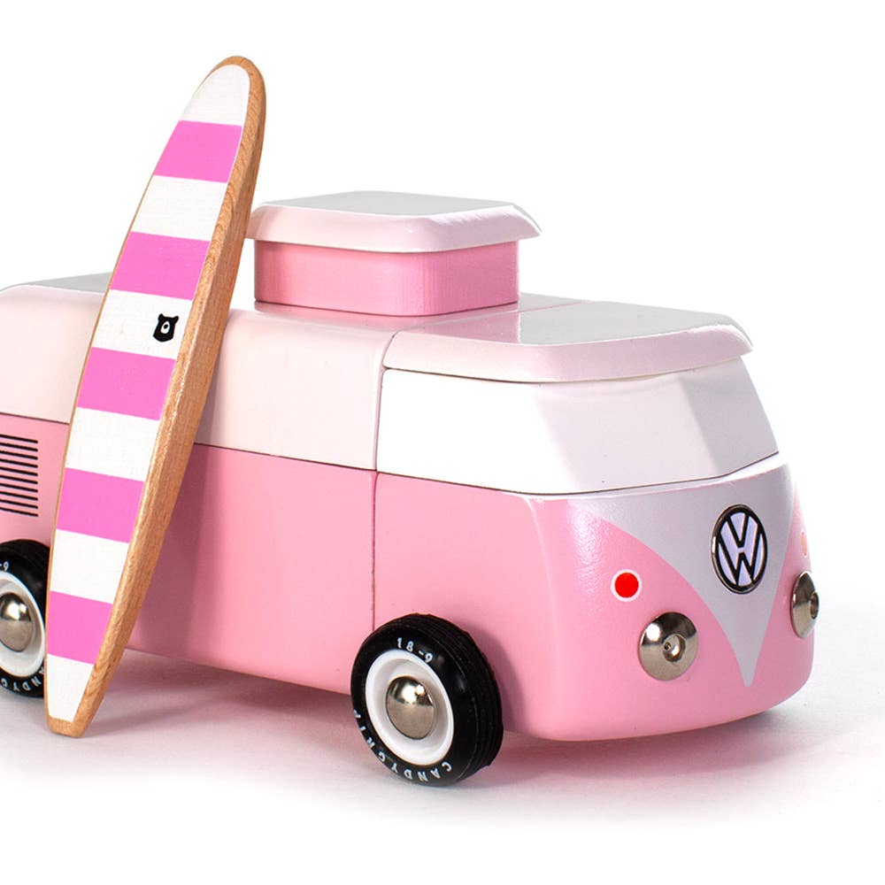 Candylab Beach Bus! Now officially licensed by VW - check out the shiny emblem on the front. This iconic Volkswagen Type 2 comes with a magnetic camper top and surf board.