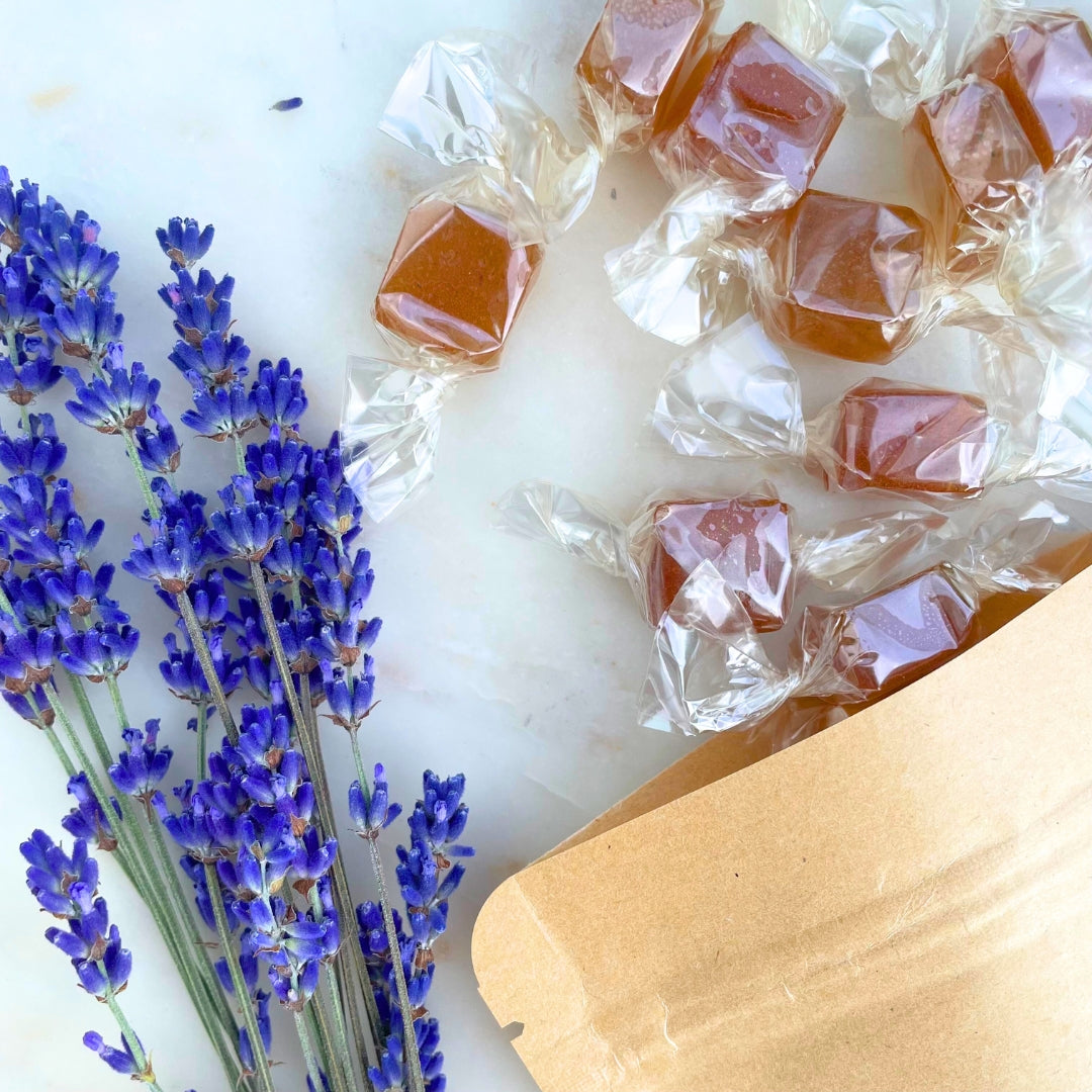 Lavender Honey Lozenges are formulated with lavender herbal extract and dried Maine grown lavender flowers! Made with local Maine honey.