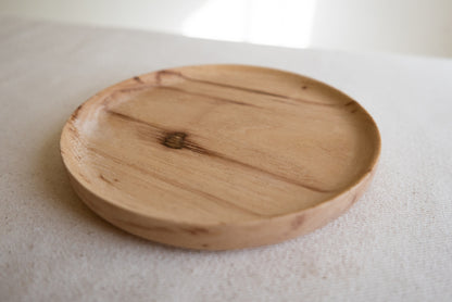 Handcrafted round light wood catchall dish a great spot to place your jewelry or keys. 6” solid rustic light hickory finished with food grade oil & wax. All timbermade items are handmade by jon & bre in their ND shop.