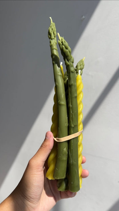 Beeswax tapers that have been meticulously shaped to resemble fresh asparagus stalks, these candles are a delightful fusion of artistry and nature. Made from pure beeswax, they emanate a natural, sweet aroma. Set of two.