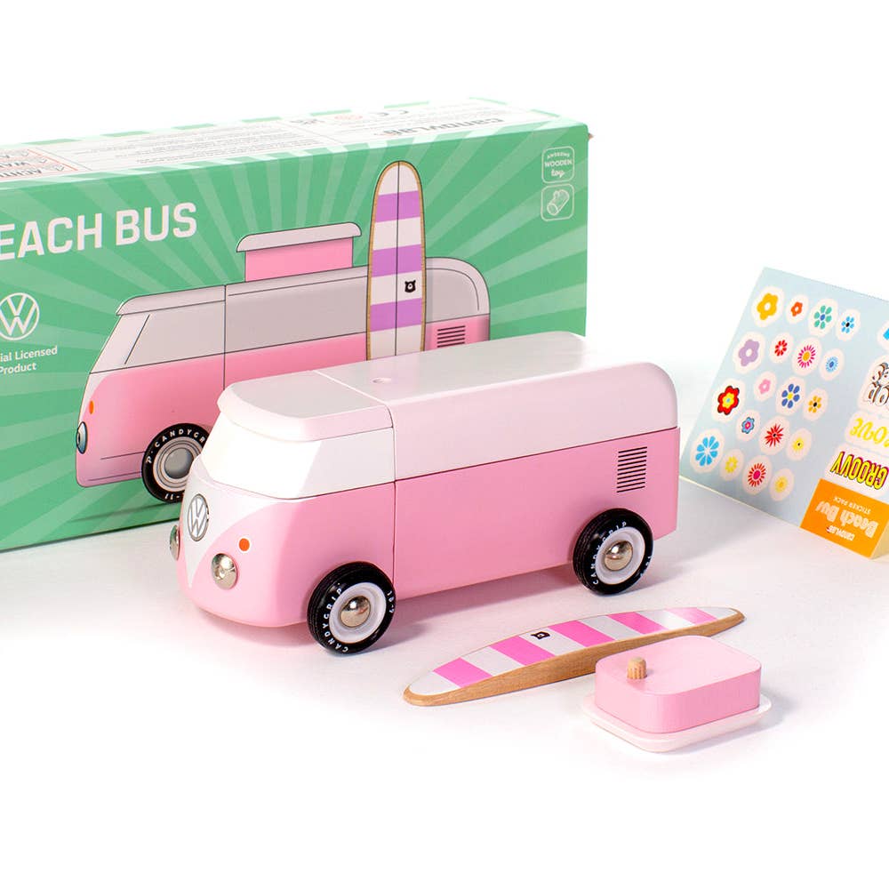 Candylab Beach Bus! Now officially licensed by VW - check out the shiny emblem on the front. This iconic Volkswagen Type 2 comes with a magnetic camper top and surf board.