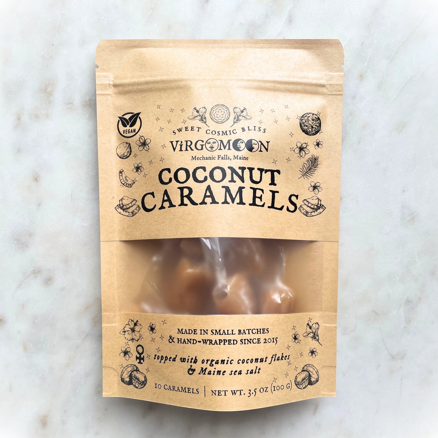 Irresistibly smooth, deliciously exotic dairy-free!

Made with organic & plant-based ingredients, each caramel is topped with organic coconut flakes and Maine sea salt.