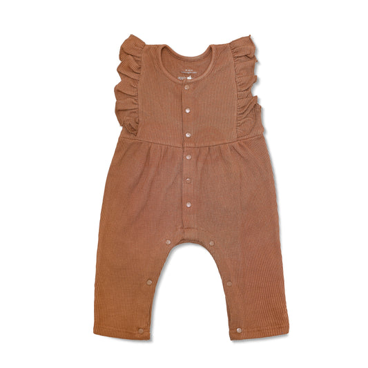 waffle coverall with ruffle sleeves. 
Made with bamboo and 100% organic GOTs-certified cotton. Sustainably made in China.