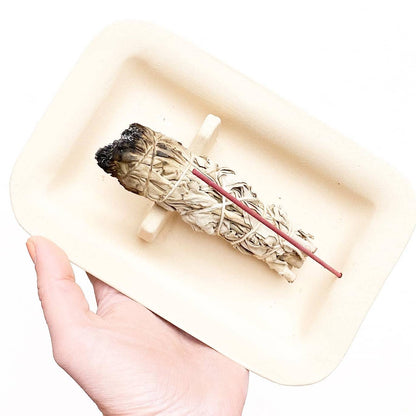 Hand built ceramic dish designed with a rest large enough for a smudge bundle, as well as a place for incense, too. Crafted from buff clay & made in Virginia, USA by Korai Ceramics.