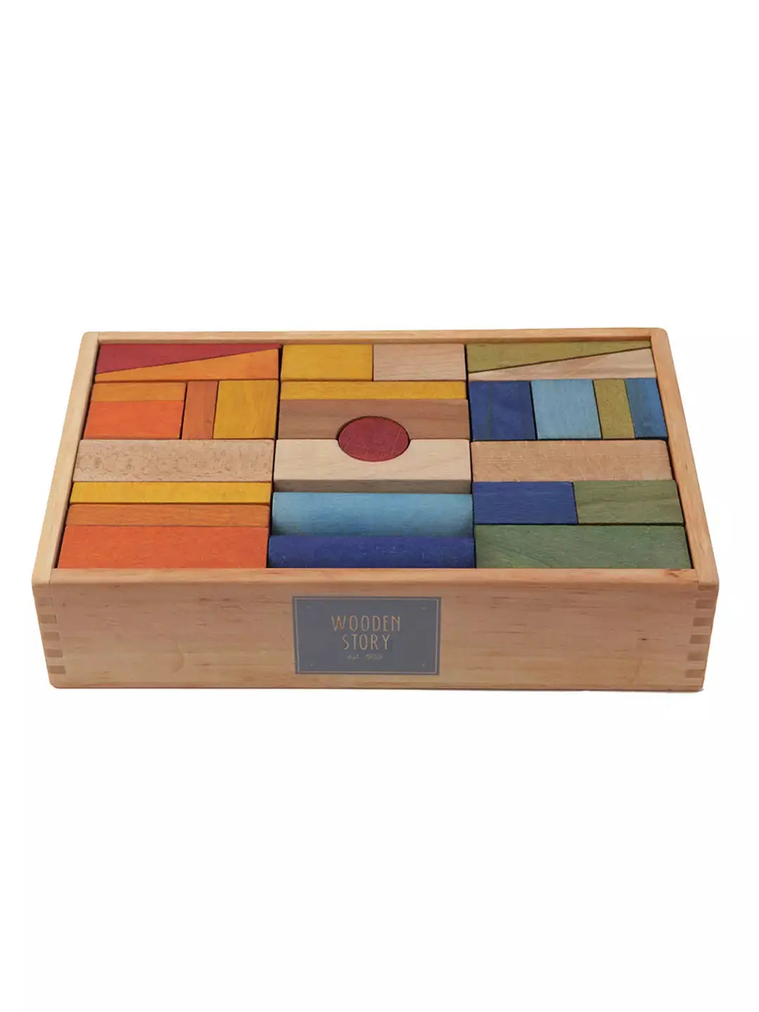 63 extra large pieces in a box made of solid wood that comes from FSC®certified suppliers. Colored with all natural, eco-certified paints and finished with beeswax and botanical oils, sanded perfectly smooth, soft to the touch. Packed in a paperboard box, which is designed to be reused or easily recycled. Free of harmful chemicals.&nbsp;