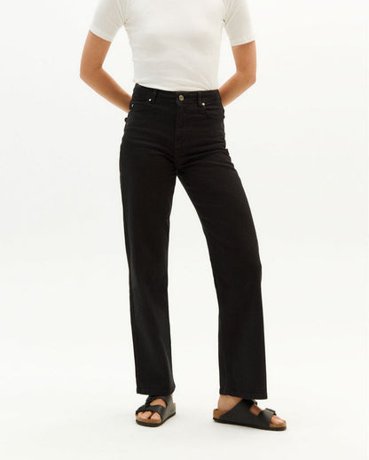 A classic, high waisted pant with straight cut leg.  99% organic cotton 1% elastane - Sustainably made in Turkey. theresa black pants by thinking mu